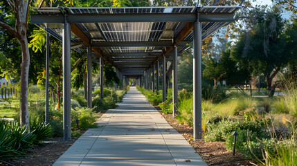 A solar canopy walkway providing shade and generating clean energy for pedestrian paths in parks and urban areas.