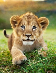 lion cub playing in the grass