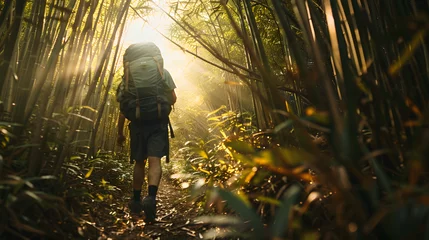  A solo backpacker navigating through a dense bamboo forest the path lit by streaks of sunlight embodying the essence of adventure and self-discovery in the wilderness. © Finn