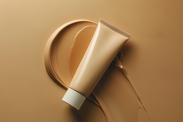 Mockup of a beige cosmetics tube on creamy brown background. Decor cosmetic product mockup with copy space.