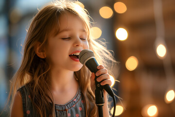 Little Girl Singing into Microphone with Bokeh Lights. Child Music Performer at a Concert with Blurred Background