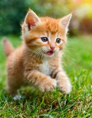 Naklejka na ściany i meble Little ginger kitten playing in the field
