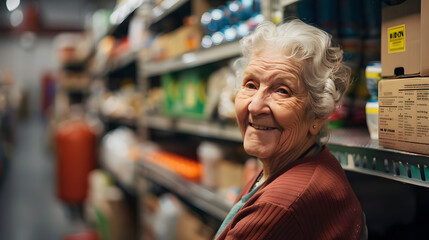 A senior volunteering at a local food bank giving back despite personal hardships.