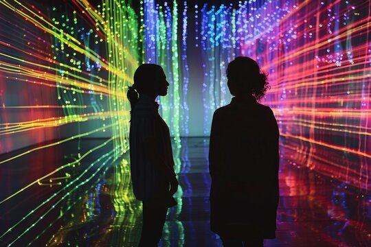 The silhouettes of two people in the foreground, surrounded by a rainbowcolored wall made up entirely of digital data streams that form the shape and pattern of human figures Generative AI