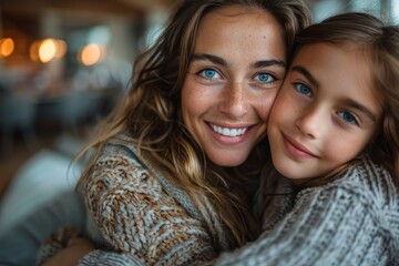Two females with striking blue eyes share an affectionate embrace in a warm setting - obrazy, fototapety, plakaty