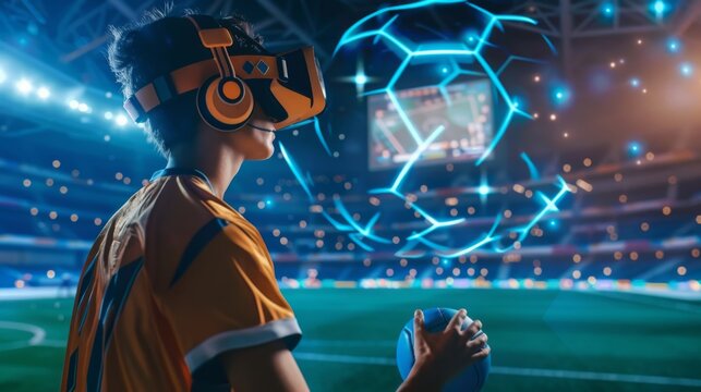 Man Wearing Virtual Reality Headset With Soccer Ball