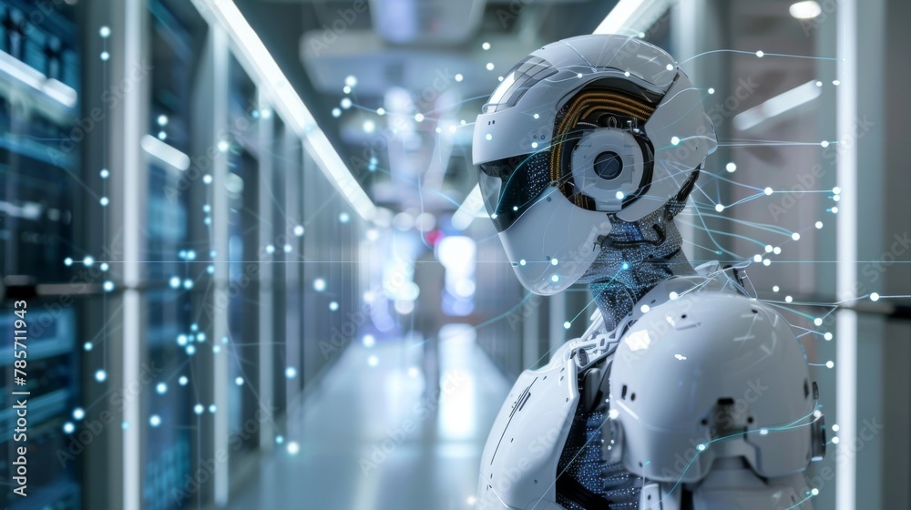 Aufkleber Futuristic Robot With Humanoid Features in a Data Center