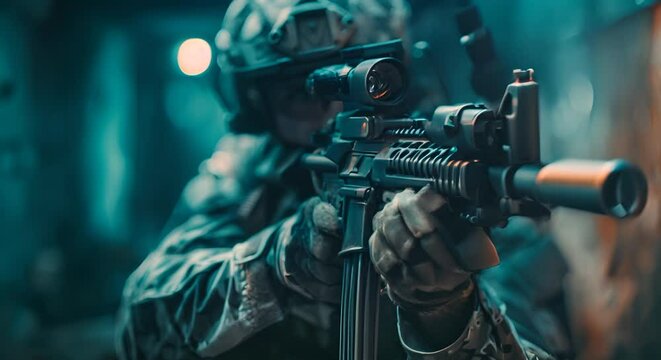 A soldier in combat gear aiming a rifle with a night vision scope.