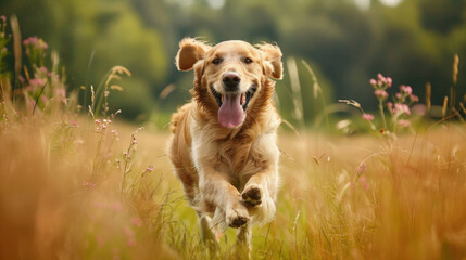 A dog happily runs through tall grass in a field, paws kicking up blades as it moves with speed and energy - obrazy, fototapety, plakaty
