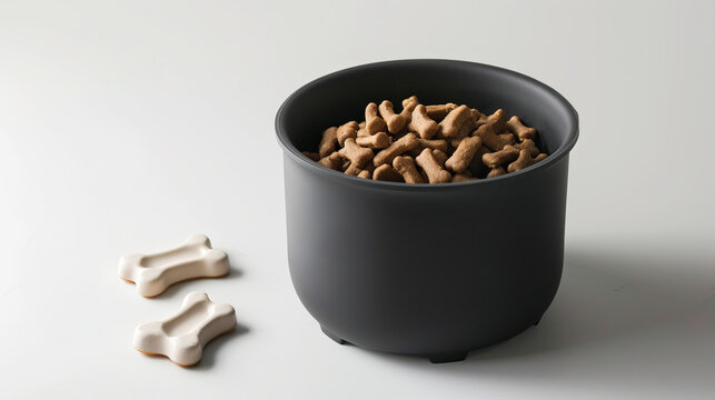 A container filled with dog food (ração para cachorros) sits alongside bone-shaped biscuits, ready to nourish your furry friend.