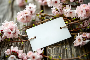 Fototapeta premium A white blank card tied with twine lies among soft pink cherry blossoms on a textured wood background, suggesting springtime and invitations