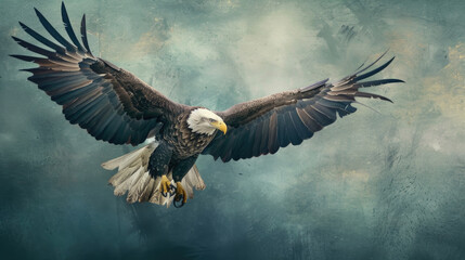 An eagle gracefully glides through the air, wings fully extended in a powerful display of flight