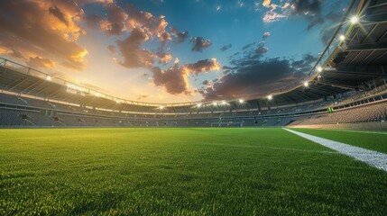 Football stadium, grass field, stands lighting, evening sky, wide angle lens.