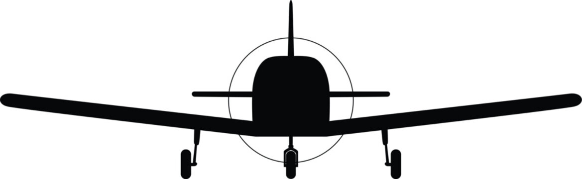 Black Vector Frontal View Image of Piper PA-28 Cherokee Low Wing Training Airplane

