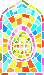 Church stained window. Christian mosaic glass arch with Easter egg with cross