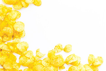 Set of homemade low calorie crispy potato chips in bowl, top view