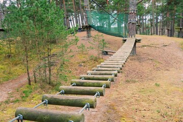 Adventure park for children - ropes, ladders, bridges in the forest among tall trees. Pine forest....