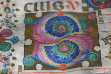 Detail with initial letter from illuminated antiphonary manuscrip