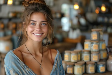 Smiling woman in blue top at a shop
