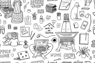 Seamless pattern of business elements. Working online on laptops, tablets. Self-employed woman work in comfortable conditions. Hand drawn. Great for professional design. Doodle style