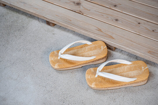 Japanese sandals made of bamboo straw.
Japan traditional footwear called Zori.
