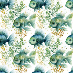 seamless pattern with watercolor fish in green and turquoise tones on a white background
