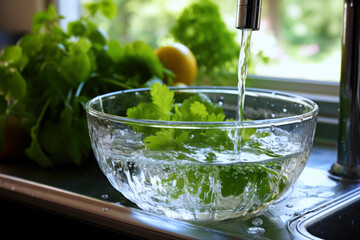bowl of greens is washed with water from a faucet.