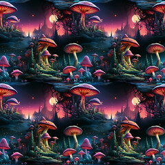 magic fantastic mushrooms in a magical forest illuminated by the moon, seamless pattern