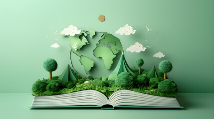Open book with cute paper-style green world, representing environment preservation concept in a joyful and vibrant way. - obrazy, fototapety, plakaty