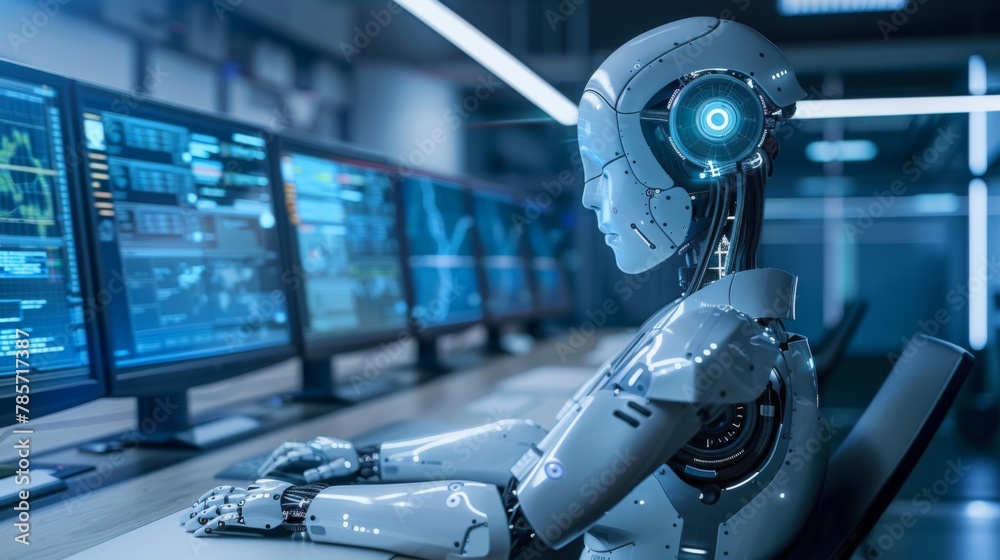 Aufkleber Robot Sitting in Front of Monitors