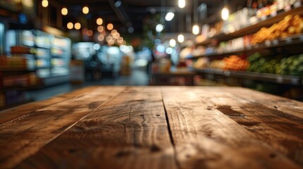 Empty top wooden table with supermarket blur background.