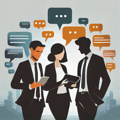 Dialogue group of people. Two men and women silhouette talking in the office with speech bubble. Communication concept.