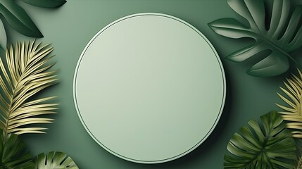round white template with nature leaves, green tropical forest background, top view