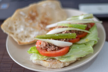 close up of a tuna sandwich with onions and tomatoes