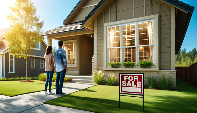 A digital photograph of couple looking at a suburban residential house with a 'For Sale' sign in the yard for Real Estate photography and home sale stock images