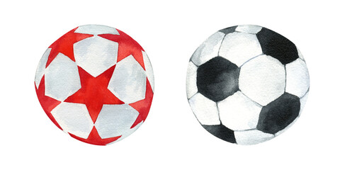 Watercolor set of soccer balls. Sports illustrations. Hand drawn football isolated on transparent.