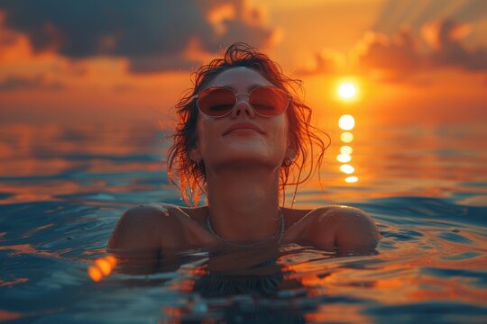A calming image of a woman swimming in the ocean towards the sun, emitting a sense of freedom and peace