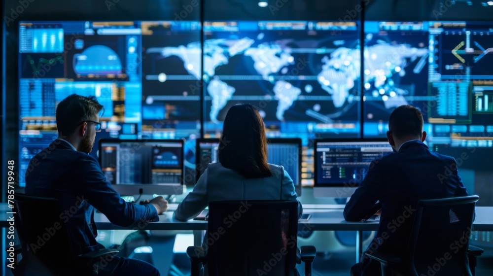 Poster monitoring team at work in high-tech control room at night