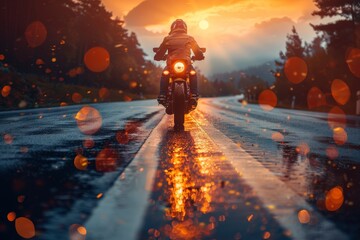 A motorcyclist on a journey, the road reflecting the sunset after rain to convey a sense of freedom, travel, and adventure against all odds