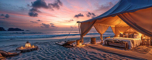 Luxurious beachside glamping tent opens to a tranquil ocean view	
 - obrazy, fototapety, plakaty