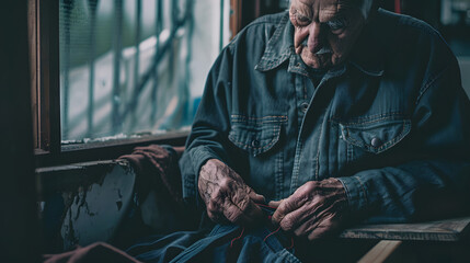 Elderly person sewing a torn coat by the window on a rainy day a picture of self-reliance. - obrazy, fototapety, plakaty