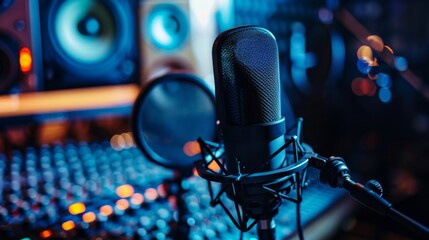 Modern Recording Studio With Microphone and Sound Board - obrazy, fototapety, plakaty