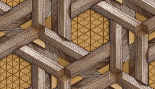 Geometric wooden parquet pattern with golden accents