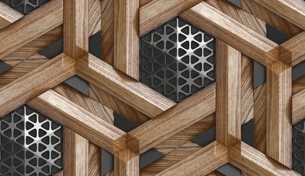 Intricate wooden parquet and metal grate design
