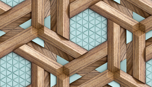 Elegant wooden lattice pattern with geometric backdrop