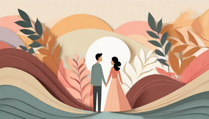 A couple of lovers hold hands among plants and abstract shapes. Colorful background of a oneiric landscape.	