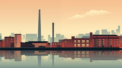Fotobehang Illustration d'un paysage d'une partie de ville industrielle avec usine et bâtiments. Coucher de soleil. Canal, eau. Industrie, métallurgie, entrepôt. Pour conception et création graphique. © FlyStun