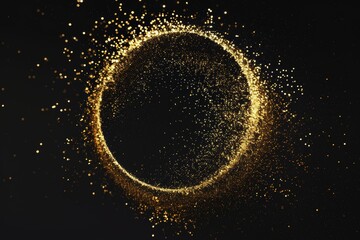 black background with a circle of golden shining particles with space for text