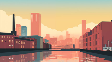 Illustration d'un paysage d'une partie de ville industrielle avec usine et bâtiments. Coucher de soleil. Canal, eau. Industrie, métallurgie, entrepôt. Pour conception et création graphique.
