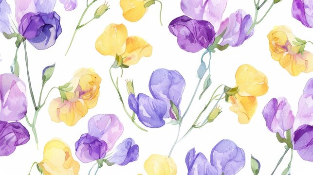 watercolor illustration of purple and yellow sweet pea flowers on a white background ,summer botanical pattern for background, wallpaper, fabric and textile